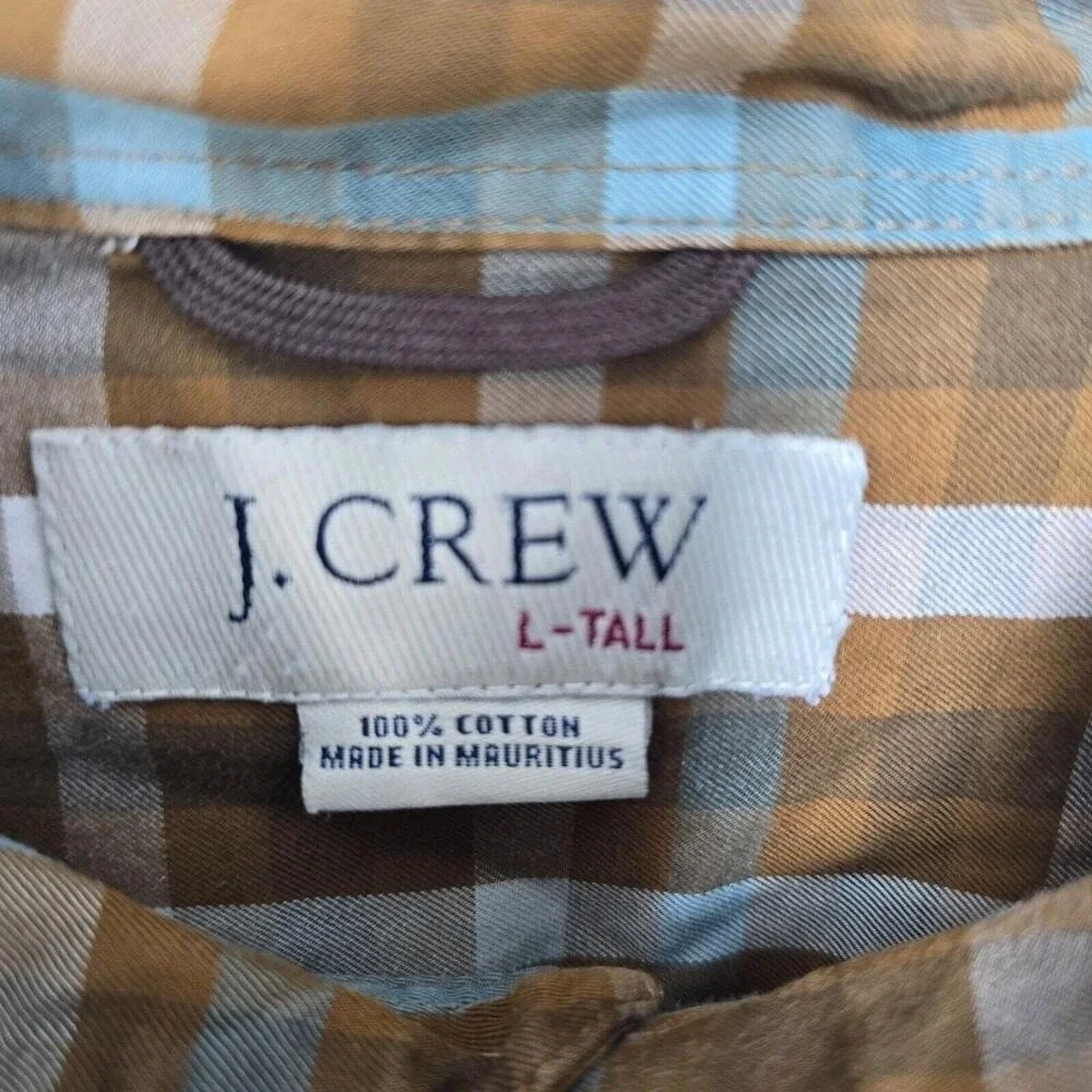 J.‎ Crew Mens L Tall Plaid Button Down Shirt Brown Blue White Cotton Long Sleeve